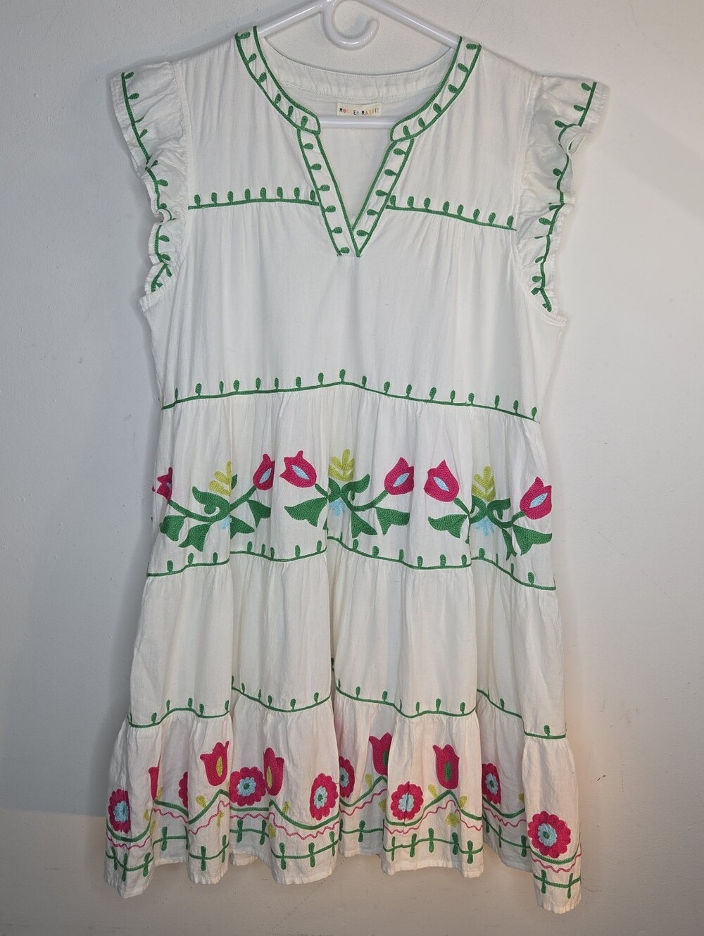 Roller Rabbit Embroidered Dress L White Green Pink Tulip Tiered Boho Resort Midi